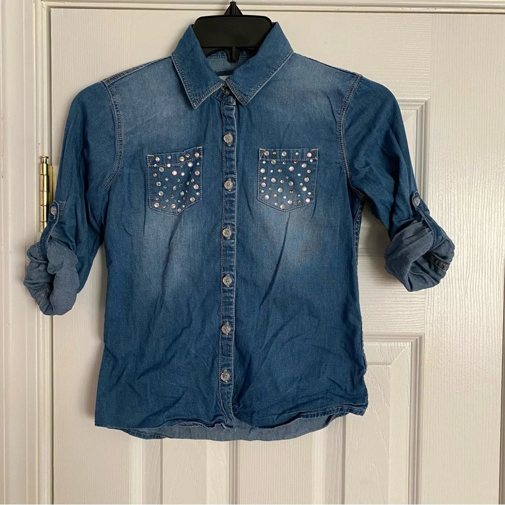 Justice Girls Jean Button Down Top Gem Embellished Pockets Size 8 Blue Silver